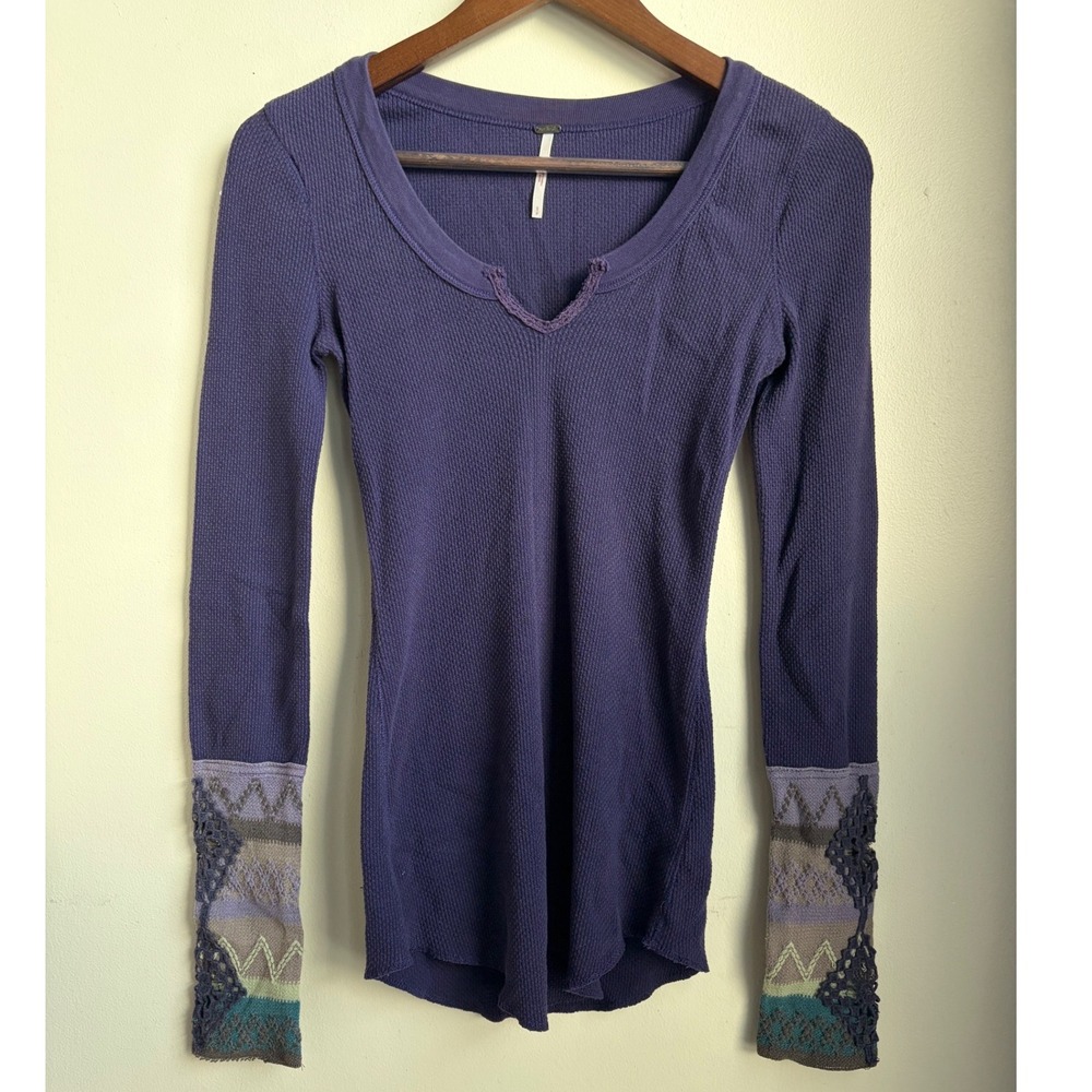 Free People Purple Waffle Knit Thermal Top Contrast Lace Cuffs Small